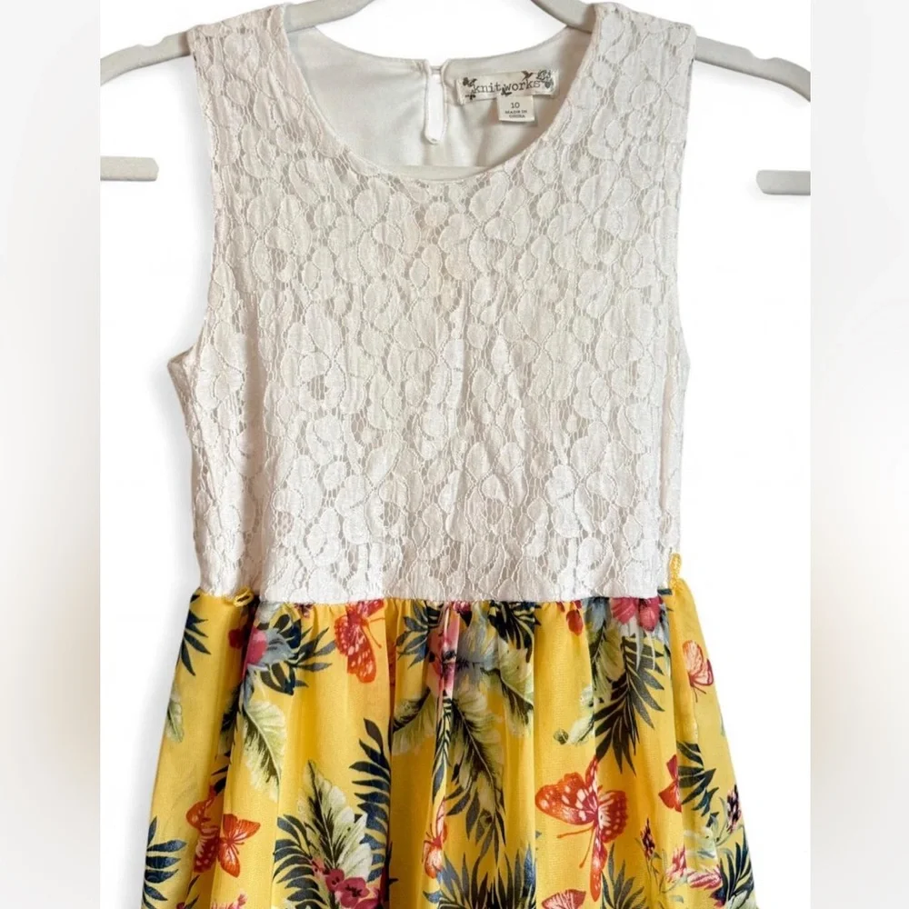 Knitworks Girls Size 10 Yellow floral tiered‎ dress with white lace top